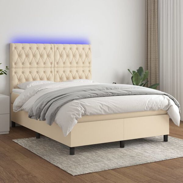 vidaXL Cama box spring c/ colch&atilde;o e LED 140x200 cm tecido cor creme
