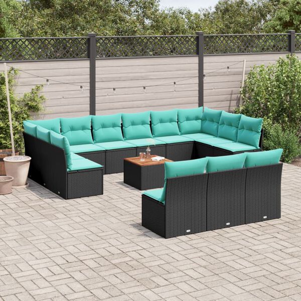 vidaXL 14 pcs conjunto de sof&aacute;s p/ jardim c/ almofad&otilde;es vime PE preto
