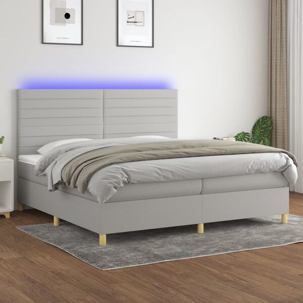 vidaXL Cama box spring c/ colch&atilde;o e LED 200x200 cm tecido cinza-claro