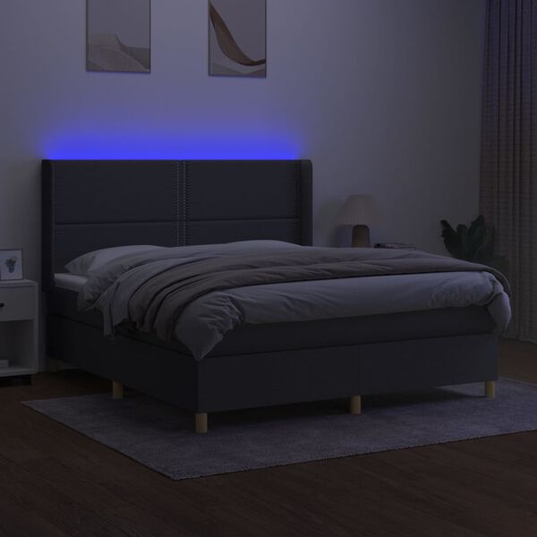 vidaXL Cama box spring c/ colch&atilde;o e LED 180x200 cm tecido cinza-escuro