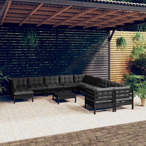 vidaXL 12 pcs conjunto lounge de jardim c/ almofad&otilde;es pinho preto