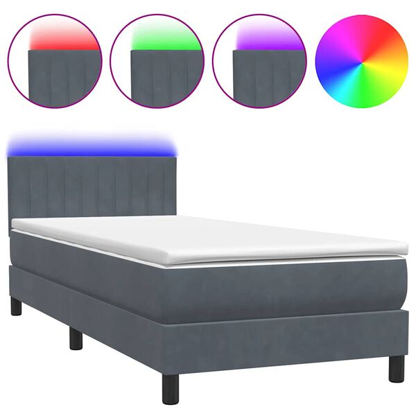 vidaXL Cama box spring c/ colch&atilde;o e LED cinza-escuro 80x220 cm veludo