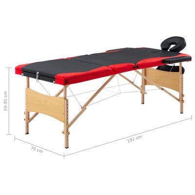 vidaXL Mesa de massagens dobrável 3 zonas madeira preto e vermelho