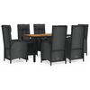 vidaXL 7 pcs conjunto de jantar p/ jardim c/ almofad&otilde;es vime PE preto