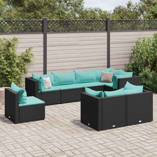 vidaXL 8 pcs conjunto lounge de jardim c/ almofad&otilde;es vime PE preto