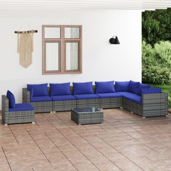 vidaXL 9 pcs conjunto lounge de jardim c/ almofad&otilde;es vime PE cinzento