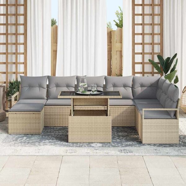 vidaXL Conjunto de Sof&aacute; de Jardim 9 pcs Bege Rattan Sint&eacute;tico