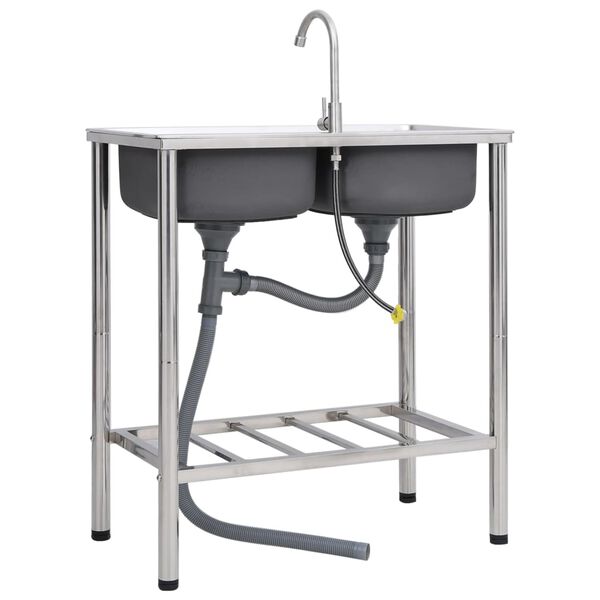 vidaXL Lava-lou&ccedil;a de campismo duplo com torneira a&ccedil;o inoxid&aacute;vel