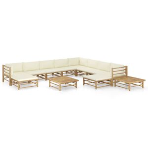 vidaXL 12 pcs conj. lounge p/ jardim bambu c/ almofadões branco nata