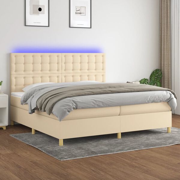 vidaXL Cama box spring c/ colch&atilde;o e LED 200x200 cm tecido cor creme