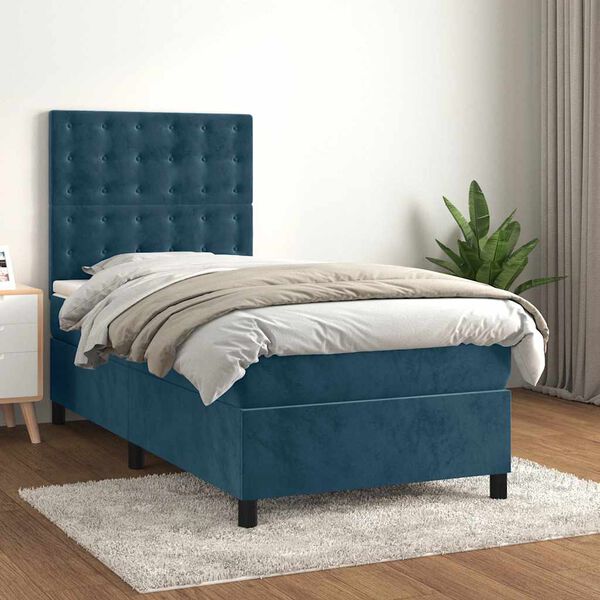 vidaXL Cama com molas/colch&atilde;o 100x200 cm veludo azul-escuro