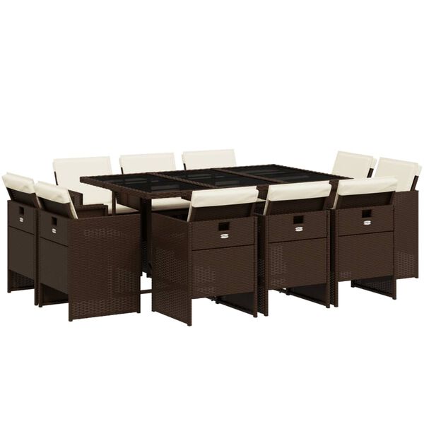 vidaXL 11 pcs conjunto jantar p/ jardim c/ almofad&otilde;es vime PE castanho