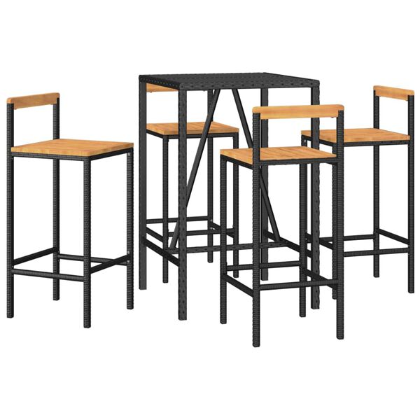 vidaXL 5 pcs conjunto de bar p/ jardim vime PE/ac&aacute;cia maci&ccedil;a preto