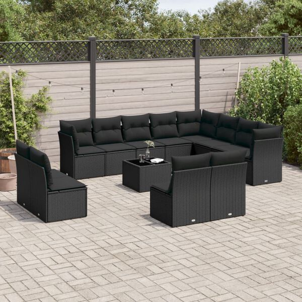 vidaXL 13 pcs conjunto de sof&aacute;s de jardim com almofad&otilde;es vime PE preto