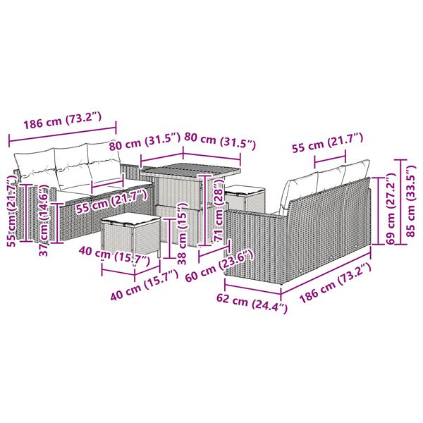 vidaXL Conjunto de Sof&aacute; de Jardim com almofada Manual 9 pcs Preto