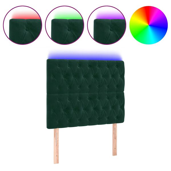 vidaXL Cabeceira de cama c/ LED veludo 100x7x118/128 cm verde-escuro