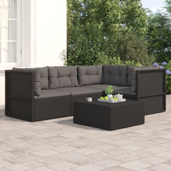 vidaXL 4 pcs conjunto lounge de jardim c/ almofad&otilde;es vime PE preto