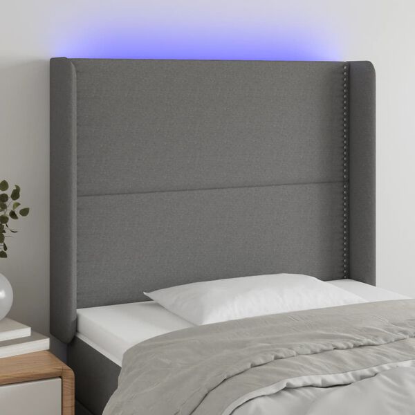 vidaXL Cabeceira de cama c/ LED tecido 93x16x118/128 cm cinza-escuro