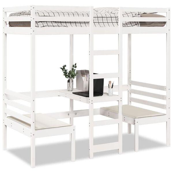 vidaXL Cama alta c/ secretária/cadeiras 90x200 cm pinho maciço branco