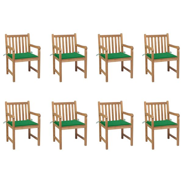 vidaXL Cadeiras de jardim c/ almofad&otilde;es verde 8 pcs teca maci&ccedil;a