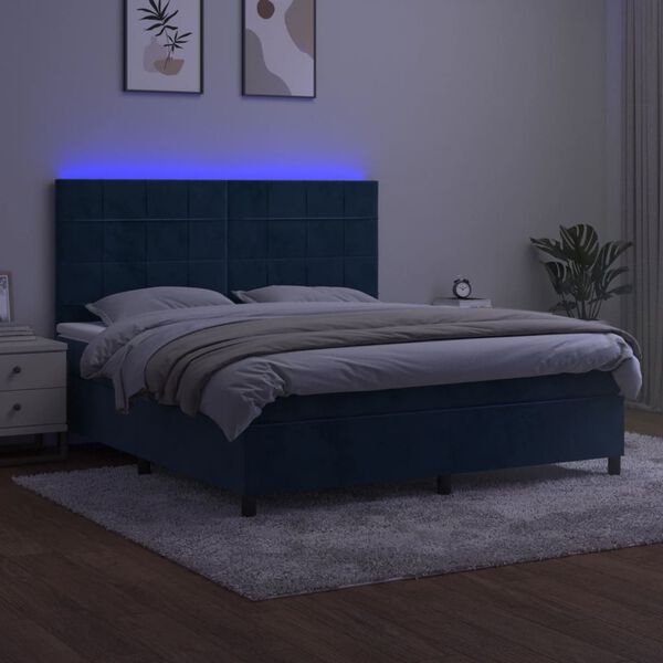 vidaXL Cama box spring c/ colch&atilde;o/LED 180x200 cm veludo azul-escuro