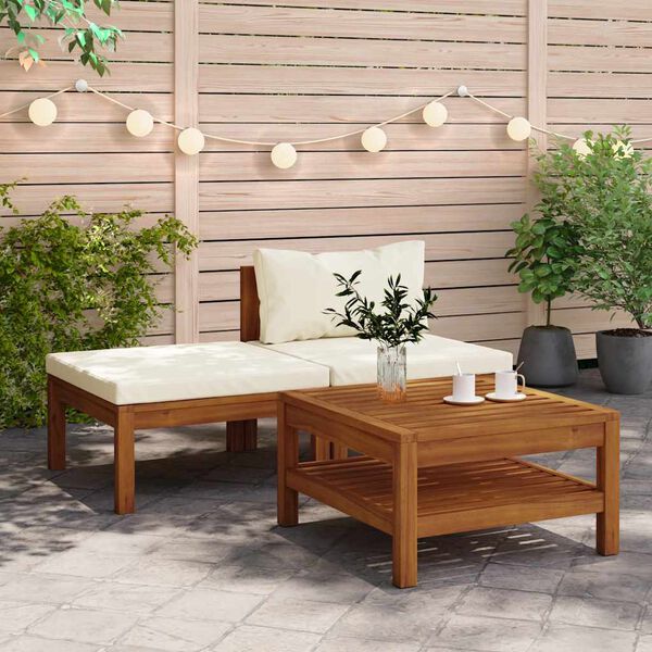 vidaXL 3 pcs conj. lounge de jardim c/ almofadões branco nata acácia