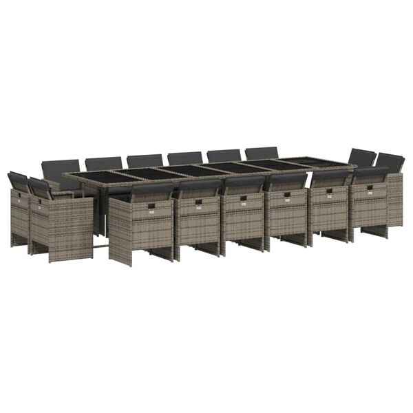 vidaXL 17 pcs conj. de jantar p/ jardim c/ almofad&otilde;es vime PE cinzento