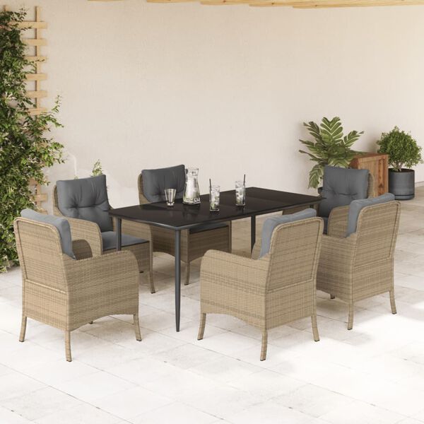 vidaXL 7 pcs conjunto de jantar p/ jardim com almofad&otilde;es vime PE bege