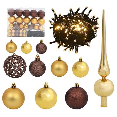 vidaXL Conj. de bolas de natal 61pcs c/ pico e 150 LEDs dourado/bronze