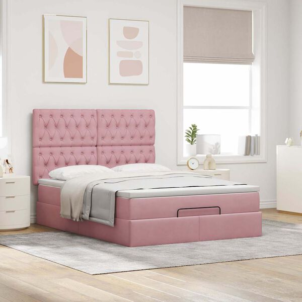 vidaXL Estrutura de cama otomana com colch&otilde;es 140x190 cm veludo rosa