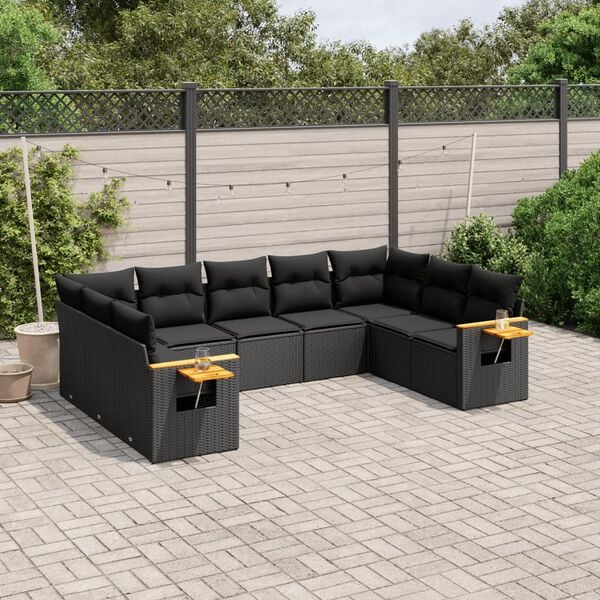 vidaXL 9 pcs conjunto de sof&aacute;s p/ jardim c/ almofad&otilde;es vime PE preto