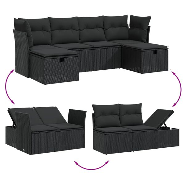 vidaXL 6 pcs conjunto sof&aacute;s de jardim c/ almofad&otilde;es vime PE preto