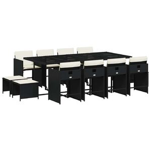 vidaXL 13 pcs conjunto de jantar p/jardim com almofad&otilde;es vime PE preto