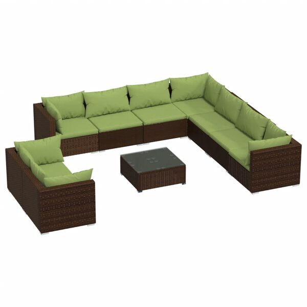 vidaXL 10 pcs conjunto lounge jardim c/ almofad&otilde;es vime PE castanho