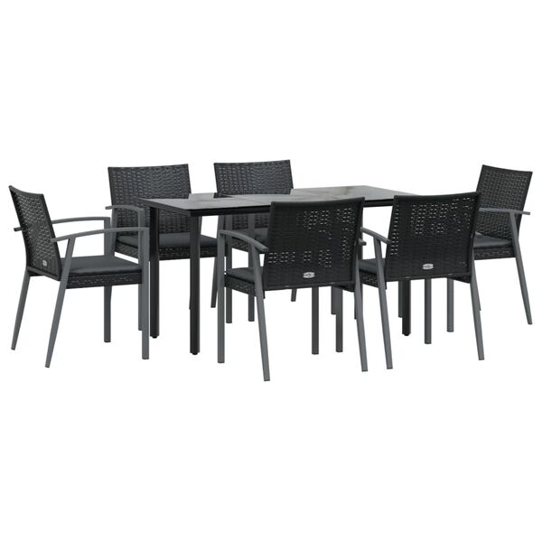 vidaXL 7 pcs conjunto de jantar p/ jardim c/ almofad&otilde;es vime PE e a&ccedil;o