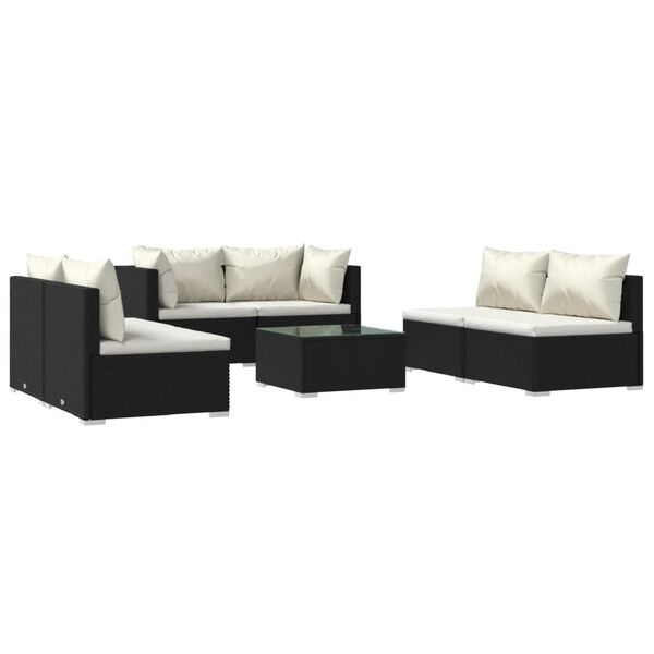 vidaXL 7 pcs conjunto lounge de jardim c/ almofad&otilde;es vime PE preto