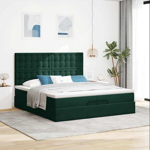 vidaXL Estrutura de cama otomana com colch&atilde;o verde escuro Veludo