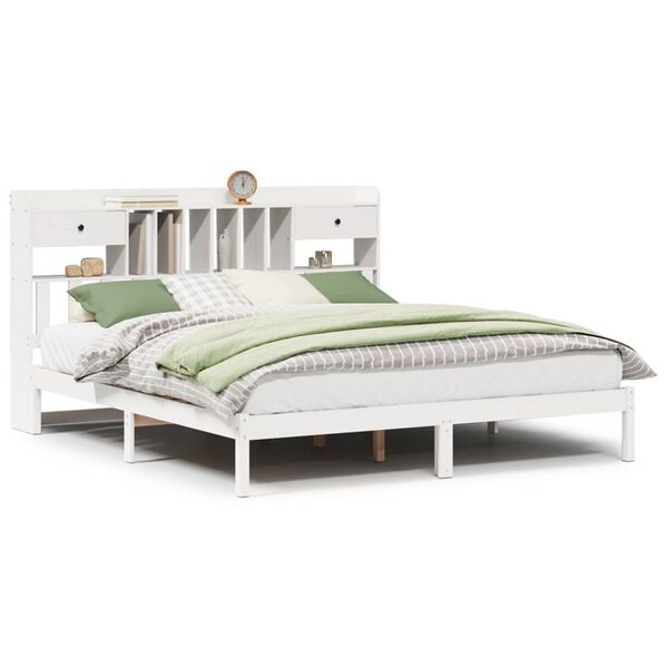 vidaXL Cama com estante sem colchão 180x200 cm pinho maciço branco