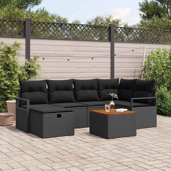 vidaXL Conjunto de Sof&aacute; de Jardim com almofada 7 pcs Preto vime PE