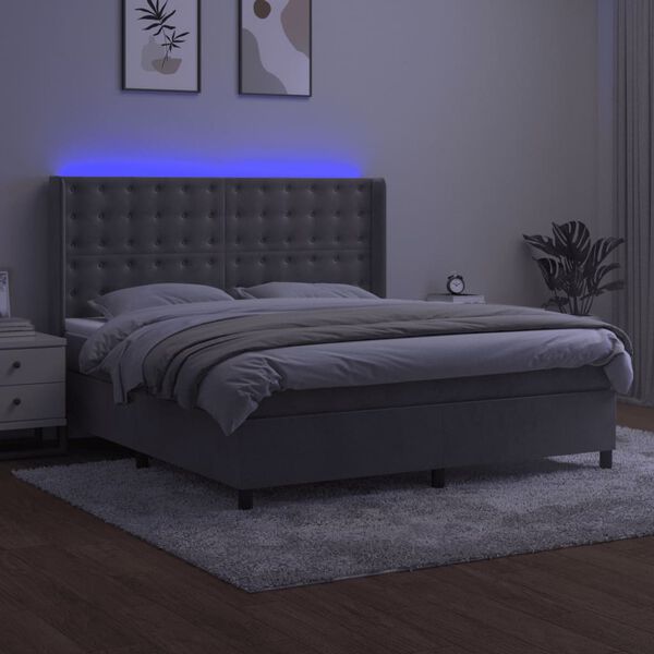 vidaXL Cama box spring c/ colch&atilde;o/LED 160x200 cm veludo cinzento-claro
