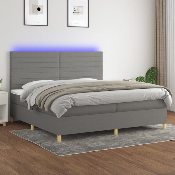 vidaXL Cama box spring c/ colch&atilde;o e LED 200x200 cm tecido cinza-escuro