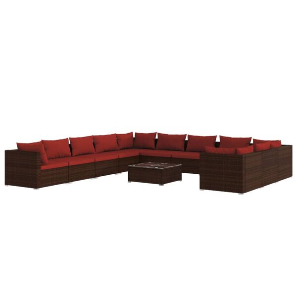 vidaXL 12 pcs conjunto lounge de jardim c/ almofadões vime PE castanho