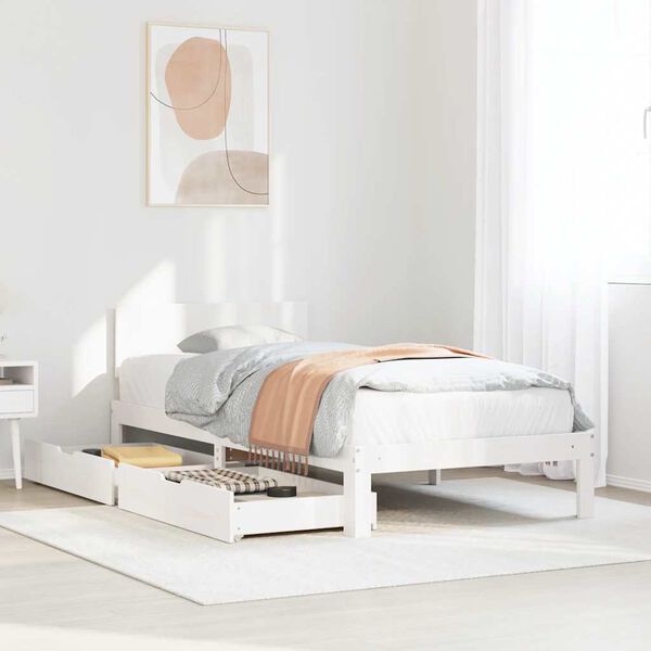 vidaXL Estrutura de cama com gavetas 90x190 cm pinho maci&ccedil;o branco