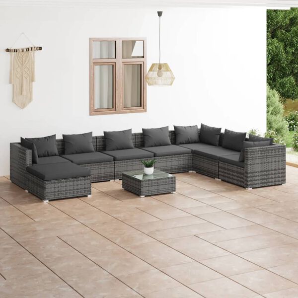 vidaXL 9 pcs conjunto lounge de jardim c/ almofad&otilde;es vime PE cinzento