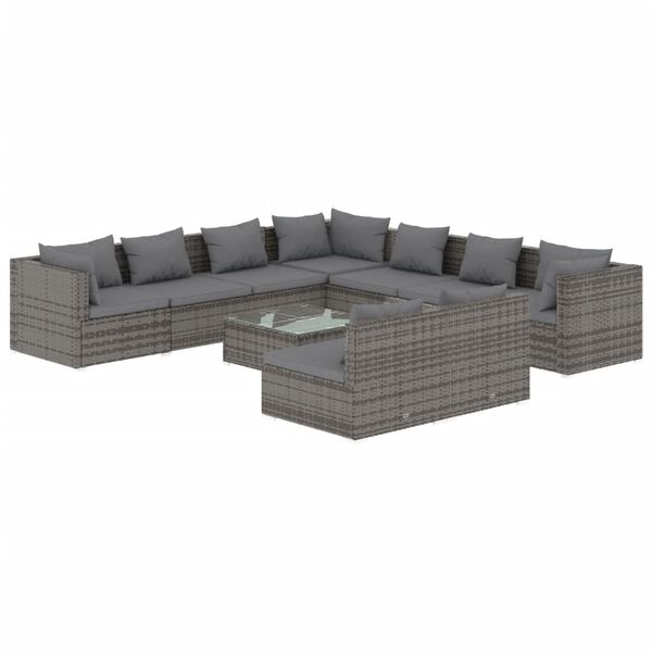 vidaXL 10 pcs conjunto lounge de jardim c/ almofad&otilde;es vime PE cinzento
