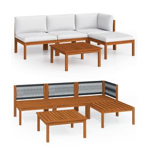 vidaXL Conjunto de lounge de jardim vidaXL com 5 pe&ccedil;as e almofadas em madeira de ac&aacute;cia creme e corda