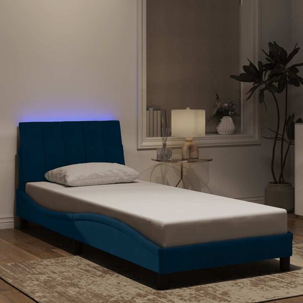 vidaXL Estrutura de cama com LED sem colch&atilde;o Hanko 90x190 cm veludo azul