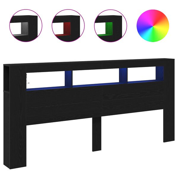 vidaXL Cabeceira LED Carvalho Preto 220 x 18,5 x 103,5 cm