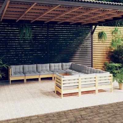 vidaXL 11 pcs conjunto lounge de jardim c/ almofadões cinza pinho