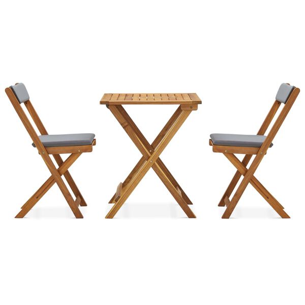 vidaXL 3 pcs conjunto bistrô dobrável c/ almofadões em acácia maciça